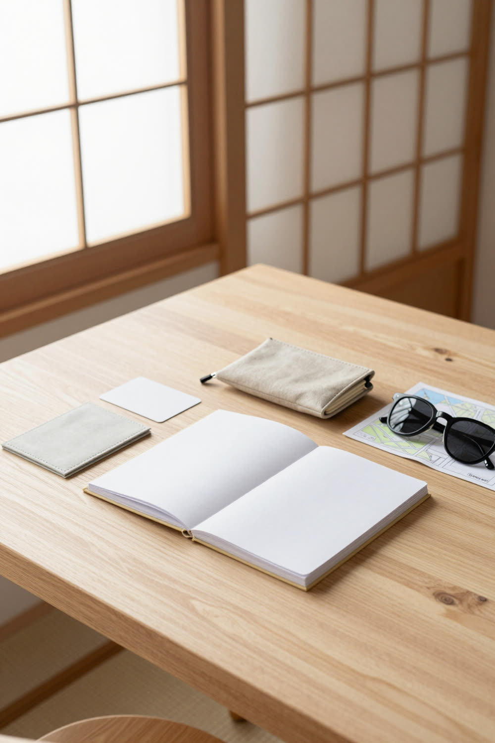 A folded paper map, a blank pocket notebook and sunglasses on a table in warm afternoon light